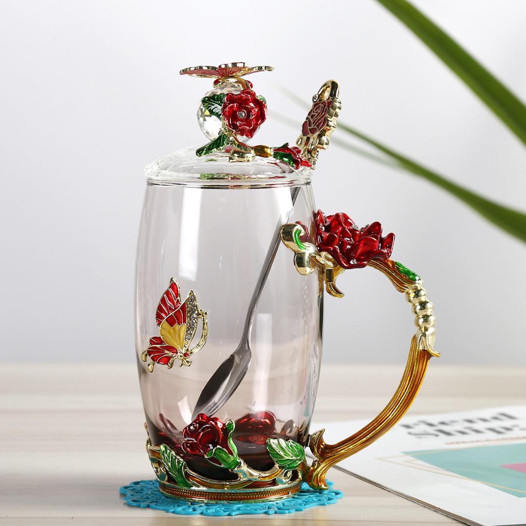 Enamel Butterfly and Rose Spoon Coffee Set with Steel Spoon